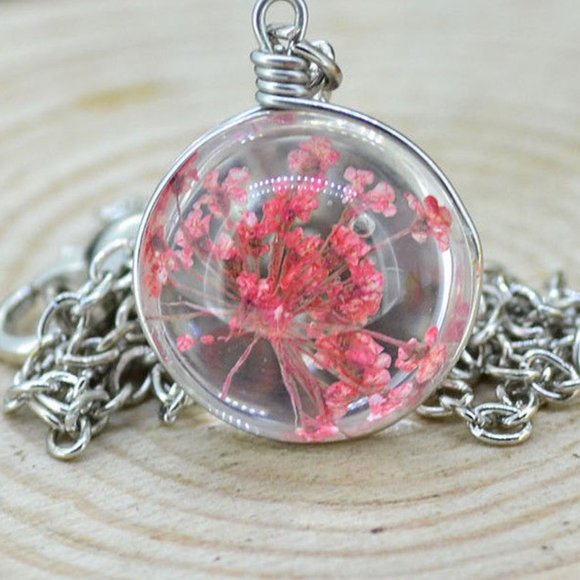 Dried Pink Flower Glass Orb Chain Necklace - Picture 2 of 3